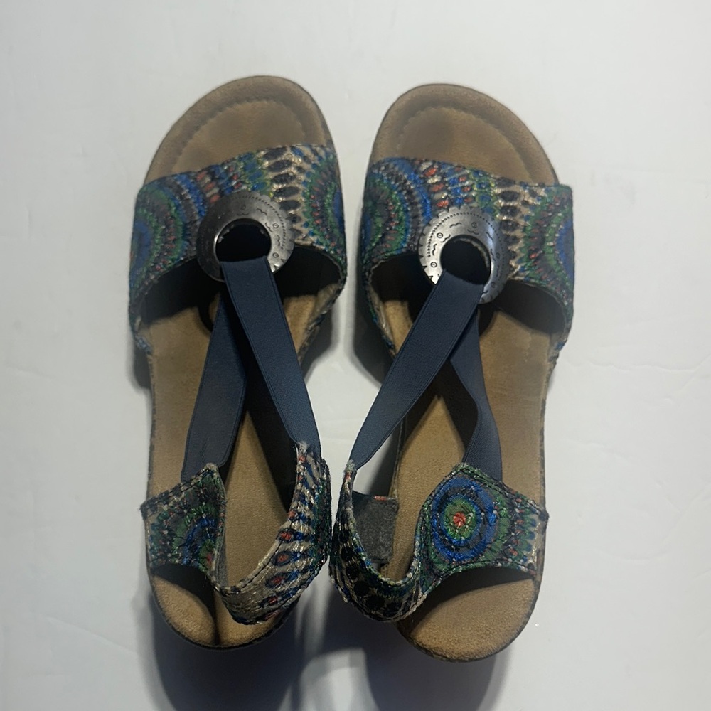 Rieker Roberta Peacock Colorful heeled wedge Sandals metallic ring elastic strap